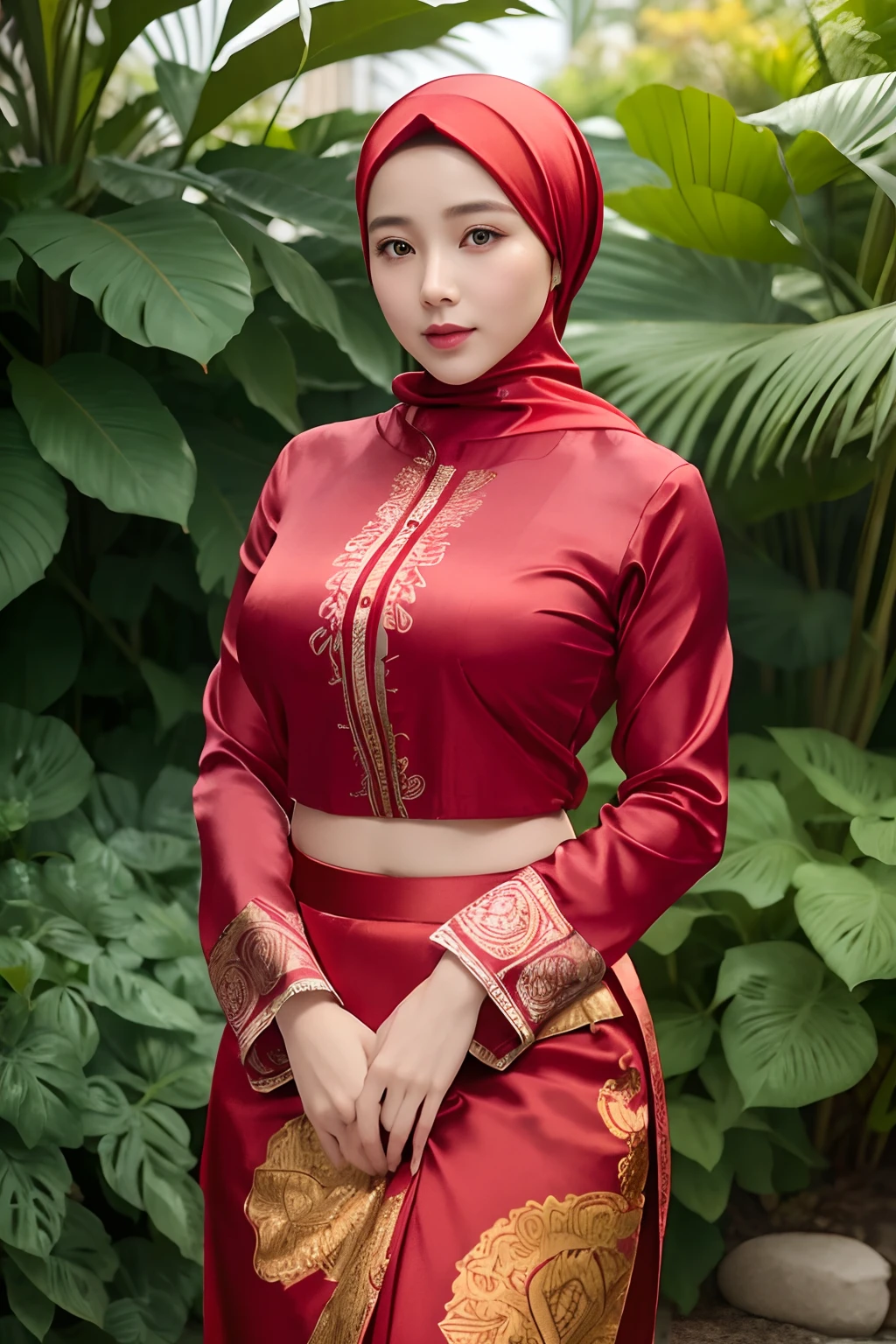 (masterpiece),
30 year old Indonesian woman
super detailed, super detailed, 4k, high resolution,
best quality, clear picture,
expressive face, perfect face, very smooth face, chubby face,
expressive eyes, delicate eyes, double eyelids,
Perfect hands, perfect fingers, detailed fingers,
Perfect legs, detailed legs,
lip detail,
long wavy hair,
white skin, pale skin, perfect skin, sweaty skin,
(super busty body), tall body, plump,
(slim stomach),
sexy thighs,
((red satin hijab)), ((long satin shirt, long sleeves, red)), ((red satin batik maxi skirt)),
looking towards the audience,
Pose seductively in the flower garden
