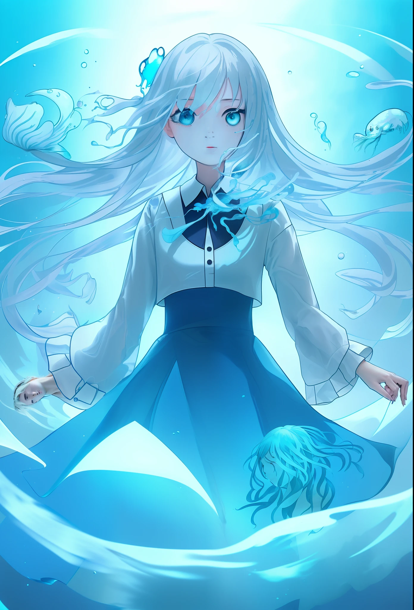 ((masterpiece,best quality)),(negative space:1.2),(1girl, solo:1.4),美丽细致的眼睛，Flowing blue-white hair，under the water，Buble，The fish，（jelly fish），fluorescence，Turtlen，sea weed，