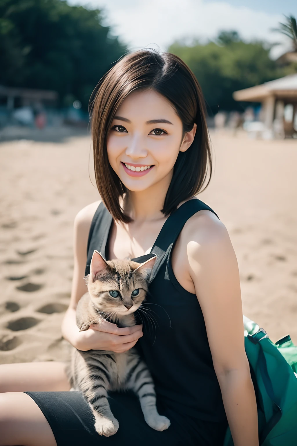 Japan mature woman.Nice round face、Pretty cheerful smile、、Gently hold the kitten on the chest、Kitten sitting on your lap、Open chest clothing without shoulder straps、Cargo pants、Shiny brown hair、huge-breasted、Attractive dynamic sexy pose sitting on seaside sandy beach、Whole human body、Look at viewers、Sun'rays、Cinematic Light、depth of fields、top-quality、