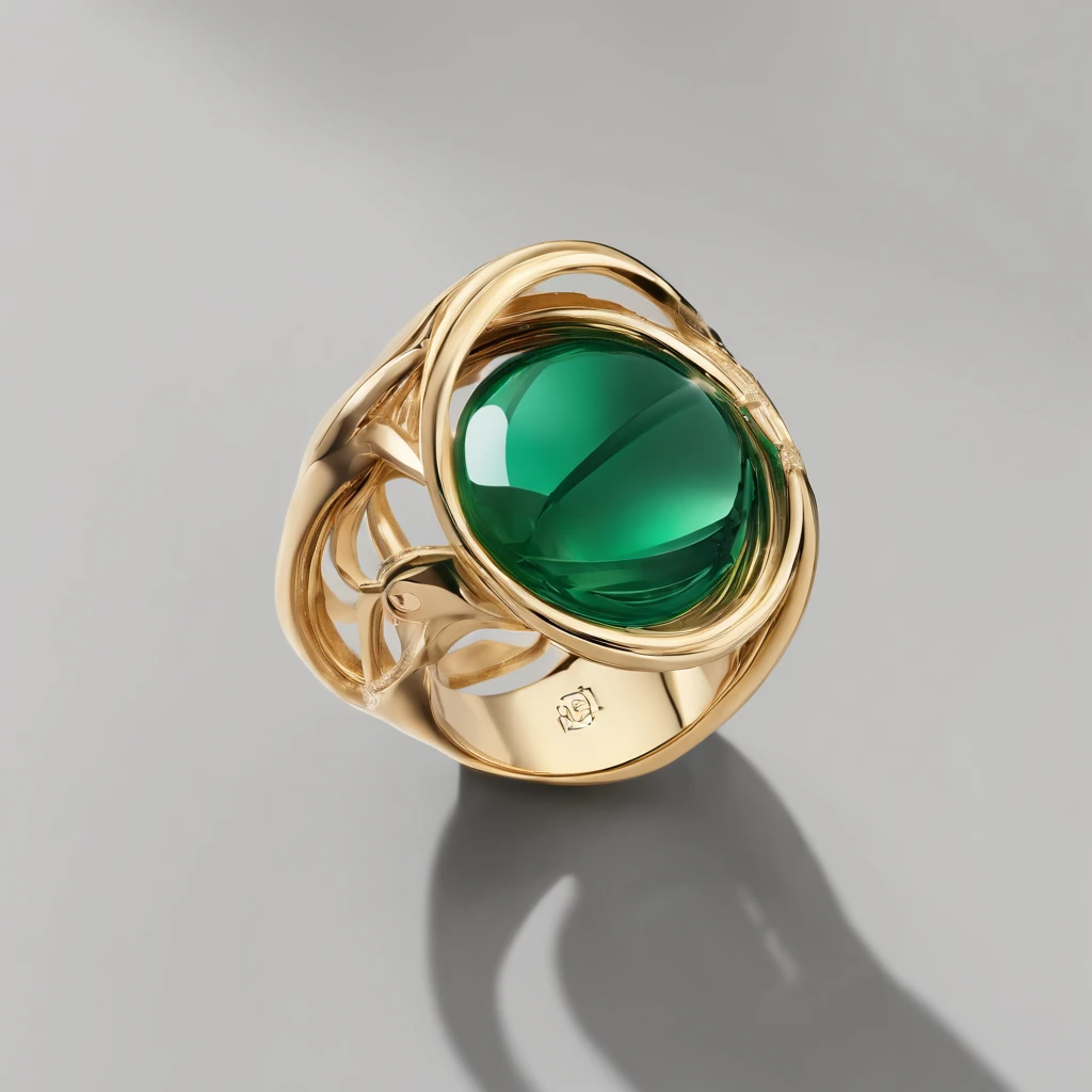 assymetrical silk ring, Hollow, High Polished and matte 18k gold, round emerald