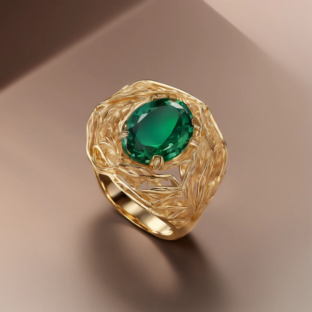 assymetrical silk ring, Hollow, High Polished and matte 18k gold, round emerald