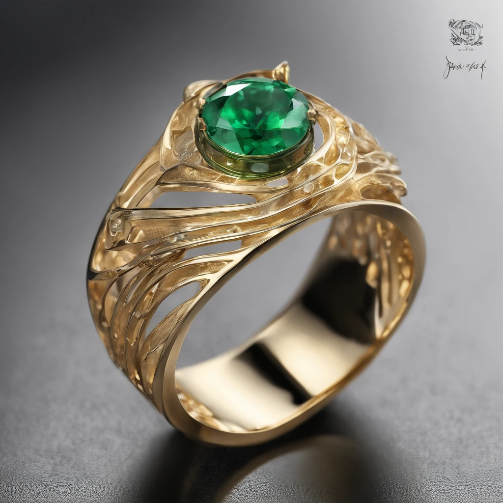 assymetrical silk ring, Hollow, High Polished and matte 18k gold, round emerald