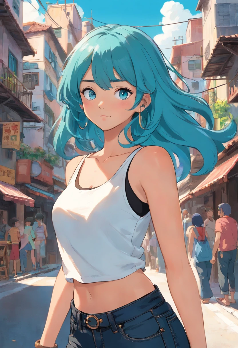 thick Urban Puerto Rican woman with teal hair, blue eyes, freckles and a big nose in a tank top and black jeans