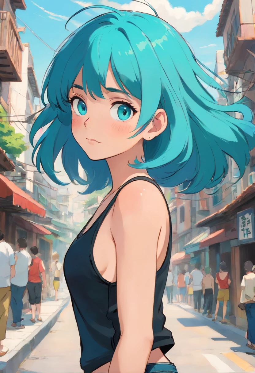 thick Urban Puerto Rican woman with teal hair, blue eyes, freckles and a big nose in a tank top and black jeans