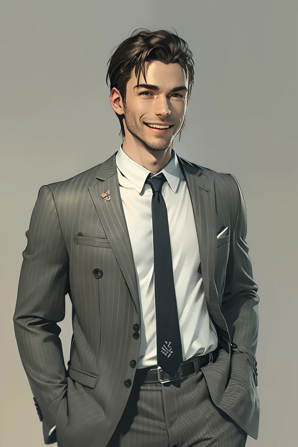realistic men standing, wearing back suit, smile, short black hair, white background