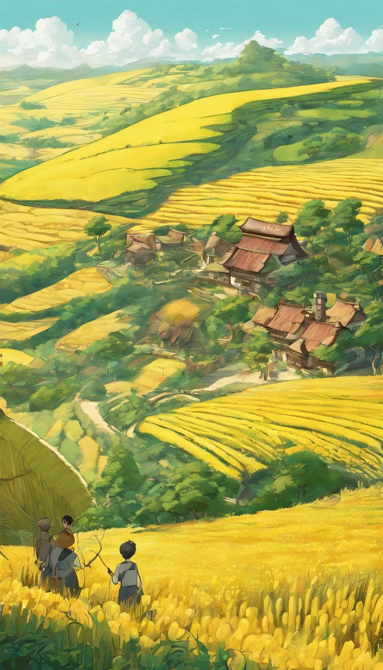 pure scenery,golden yellow as the theme,(((fresh))),((hayao miyazaki painting style)),((beautiful scenery:1.2)),masterpiece,details,beautiful lights,4k,highest quality,(clear and bright),big production,flower,outdoors,nature,leaf,wide shot,scenery,surtr (arknights),((painting:1.3)),natural,cloud,sky,wheat field,summer,terraced fields,colorful,harmonious tone,staggered complex,