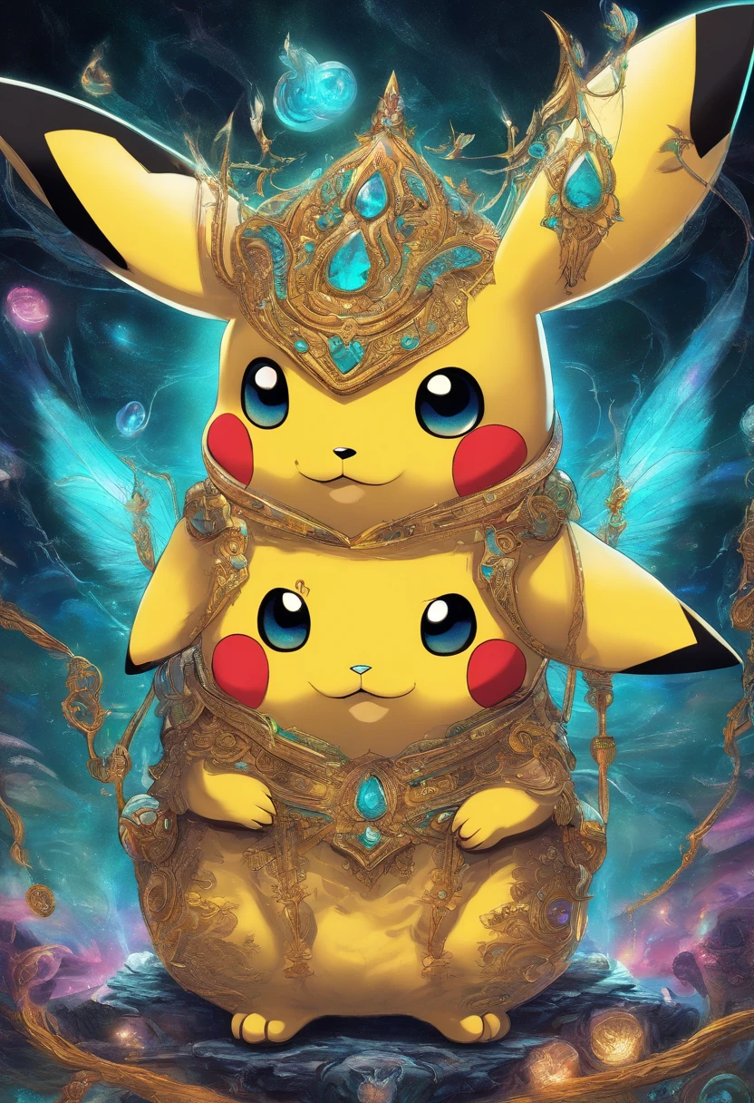 A cool pikachu, in the style of anime art, turquoise, , chromepunk, ferrania p30, social media portraiture, victor nizovtsev, fluorescent, holographic, diamond luster, metallic
texture, exaggerated expressions and movements, lookingat viewer, Super Details, bright light, precision mechanical parts,
close-up intensity, ultra-detailed, Surrounded by lightning, black background, psychedelic --niji 5 --ar 9:16