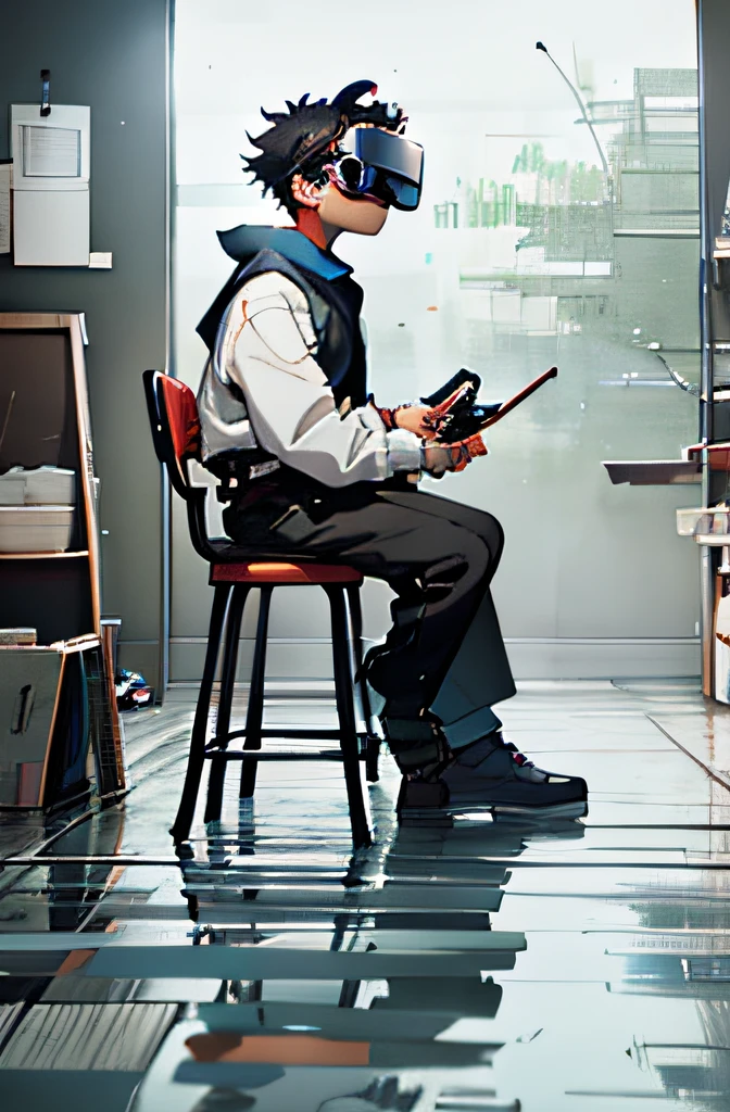 An anime boy from the digital media department,sideface,sitting on a stool,Bring VR glasses,Handheld video camera,Reflected in an empty and artistic interior room,Above the head floats a medium-sized drone,There are cluttered easels on the floor、Painting tools such as brushes,Exaggerated color rendering,Anime 4K,k hd,The background is bright,plethora of colors