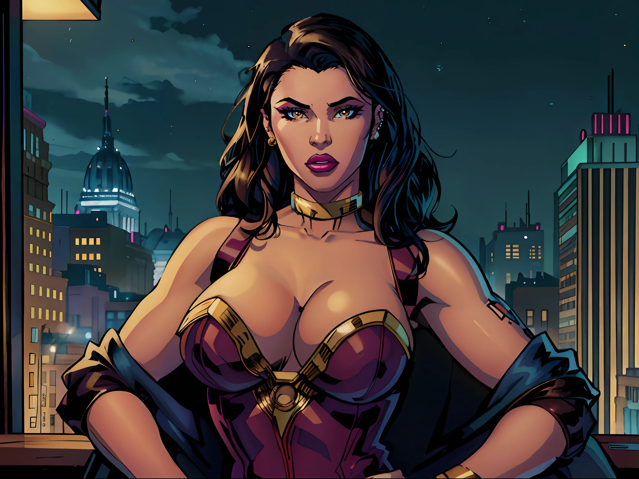jim lee
(nicki minaj), portrait, 1girl, brown skin, modern fashion, makeup, direct look, ((night)), city,
((masterpiece))