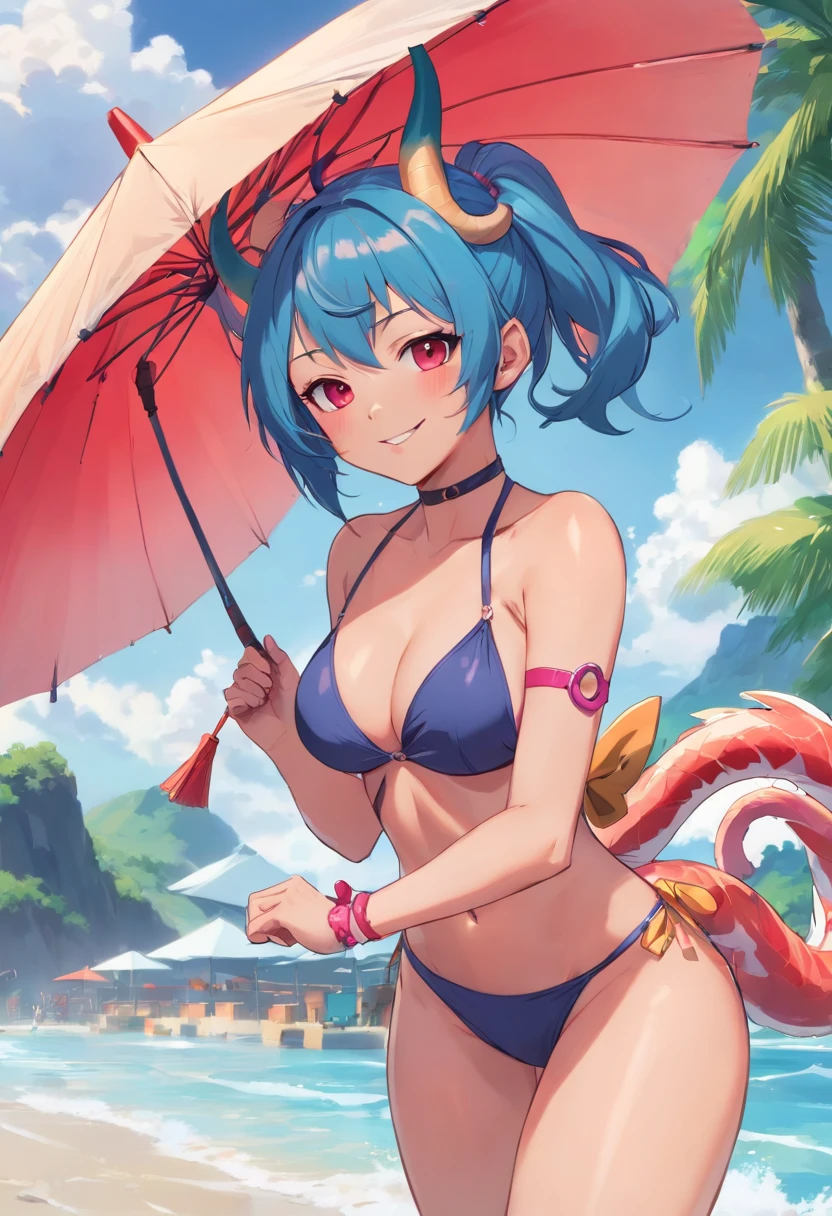 destino/Gran Orden, Ibuki Douji (destino) , 1girl,solamente, hombros, cuernos negros , negro, onepiece swimsuit , blue hair blush body marks breasts neckline cloud clavicle colored skin skin covered navel dark skin female dark skin dragon girl earrings skin gray highleg highleg highleg highleg highleg swimsuit horns innertube jewelry katana breasts large lick long lips look at the viewer multicolored hair multicolored horns paper umbrella oil horns multiple horns one piece one piece one eye closed oni oni horns hat pink horns pink swimsuit pink one piece ears pointed ponytail red eyes sidelocks only smile swimsuit sword tail thigh thighs tongue out two-tone swimsuit umbrella visor cap weapon bracelet