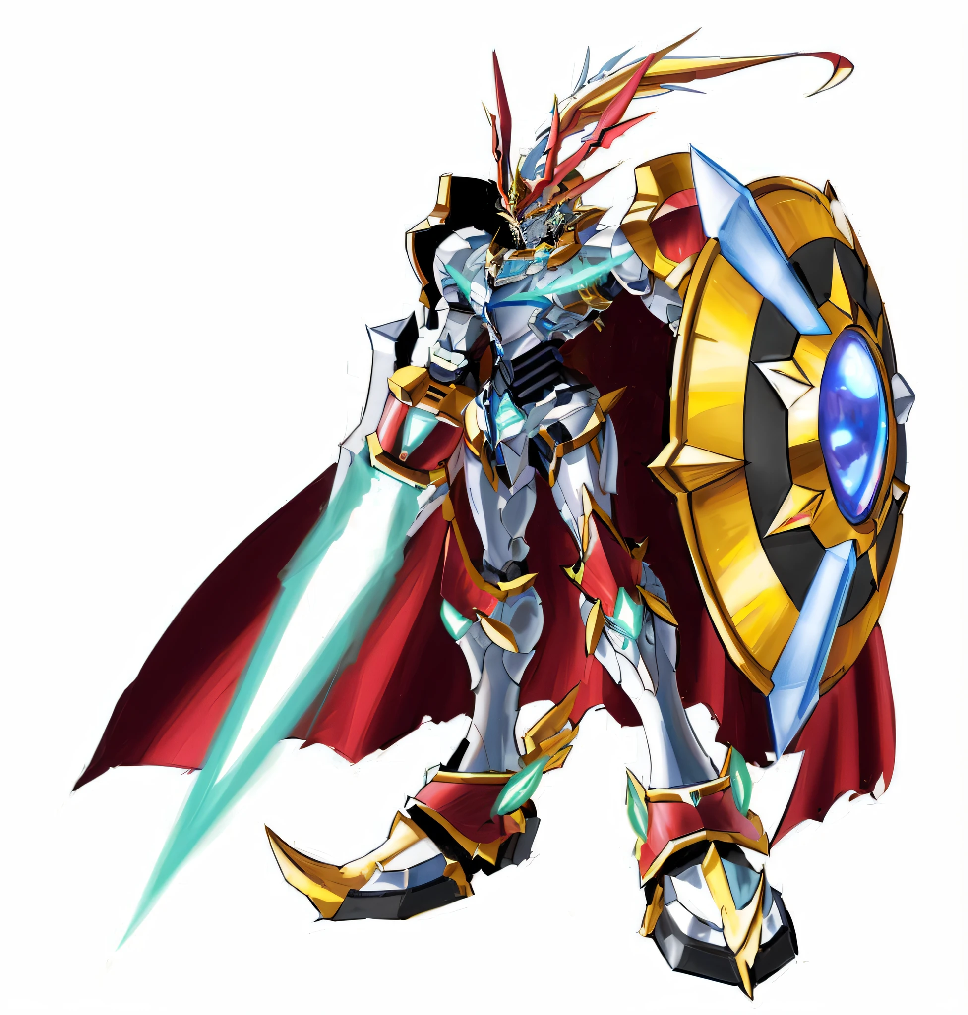 a drawing of a robot with a sword and shield, concept art of omegamon, greek god in mecha style, super robot wars, cyber fight armor, dragon knight, draconic looking armor, glamorous angewoman digimon, in opal armor, white metal neocubism armor, dressed in light armor, gurren lagan, scarab reploid, dragon cyborg