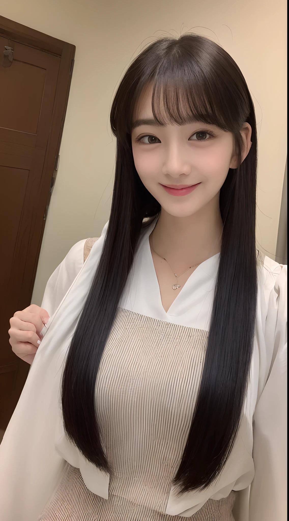((top-quality、8K、masterpiece:1.3))、1girl in、Slim Abs Beauty:1.3、(Hairstyle Casual、huge tit:1.2)、Uniform Cosplay:1.1、Super fine face、Delicat eyes、二重まぶた、a smile、home