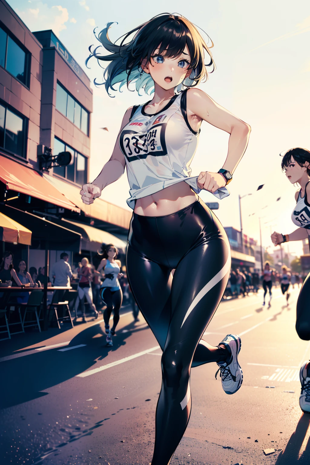 1 girl, (matured woman running field fast:1.3, lifting up right leg, trekking:1.2), wearing white sports leggings and sports tank tops, (fine detailed eyes, super detailed face), (ultra high resolution, 8K RAW photo, super realistics, textile shading), outdoor, ((correct anatomy:1.37)), center image, front view, dynamic angle, blurry background, bokeh,