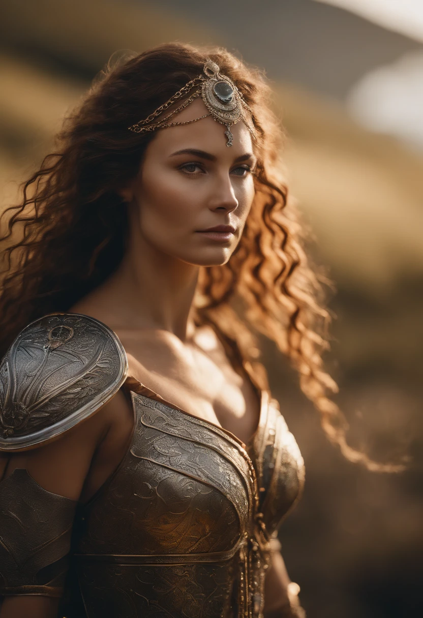 portrait photo of an open and proud looking, beautiful model like gaelic woman, long curly space squid hair with curls, wearing heavy chain armor, on a very bright and sunny day, georgeous face details, cinematic lighting, very high detailed, 8k, foggy background, freckles, symmetrical face, artstation, sun lit face , Sublime, Cleancore, Golden Age of Detective Fiction, body shot, Environment modeling, Motion blur, Installation, bleached colors, Maximalism, Aurora borealis lighting, Ultra realistic –ar 9:16 –v 5 –q 2 –s 750