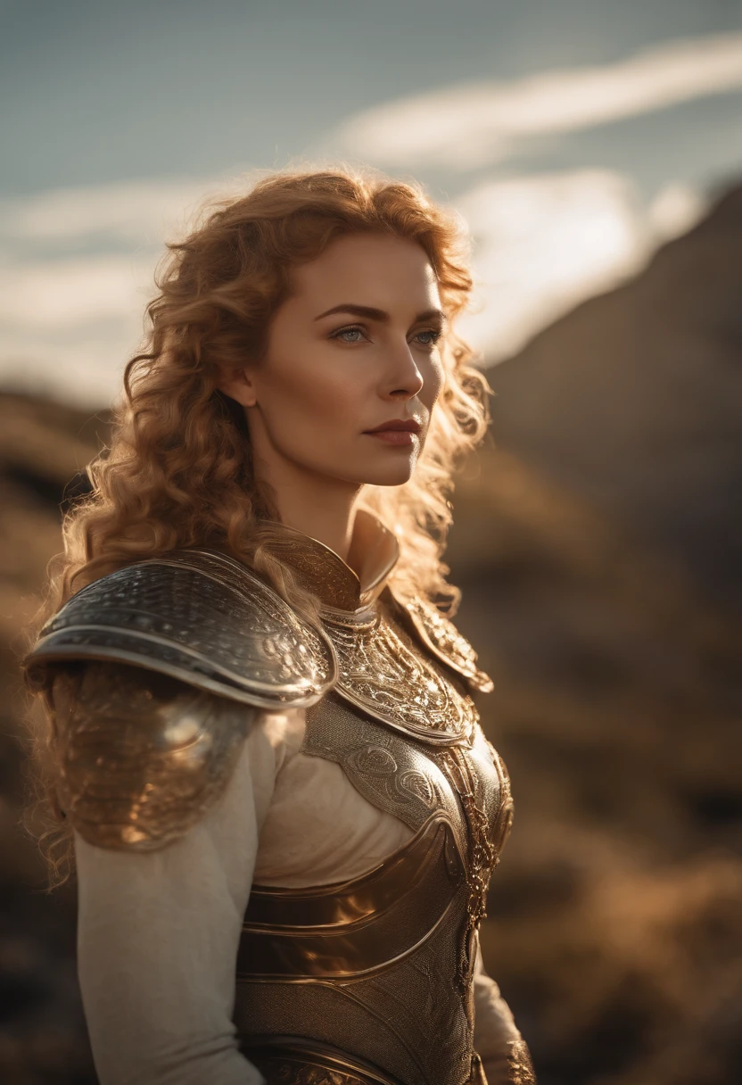 portrait photo of an open and proud looking, beautiful model like gaelic woman, long curly space squid hair with curls, wearing heavy chain armor, on a very bright and sunny day, georgeous face details, cinematic lighting, very high detailed, 8k, foggy background, freckles, symmetrical face, artstation, sun lit face , Sublime, Cleancore, Golden Age of Detective Fiction, body shot, Environment modeling, Motion blur, Installation, bleached colors, Maximalism, Aurora borealis lighting, Ultra realistic –ar 9:16 –v 5 –q 2 –s 750