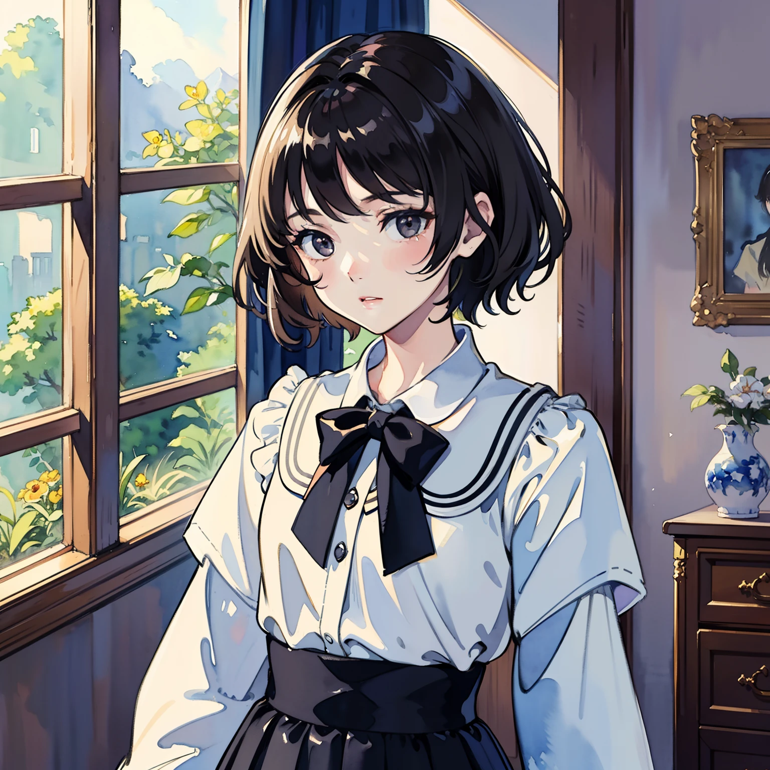 ((Watercolor by singer Sargent))、(top-quality、masterpiece)、1girl in、、A stunning、Short black hair、Black eyes、tiny chest、校服、long skirt、a room、window、Soft light、