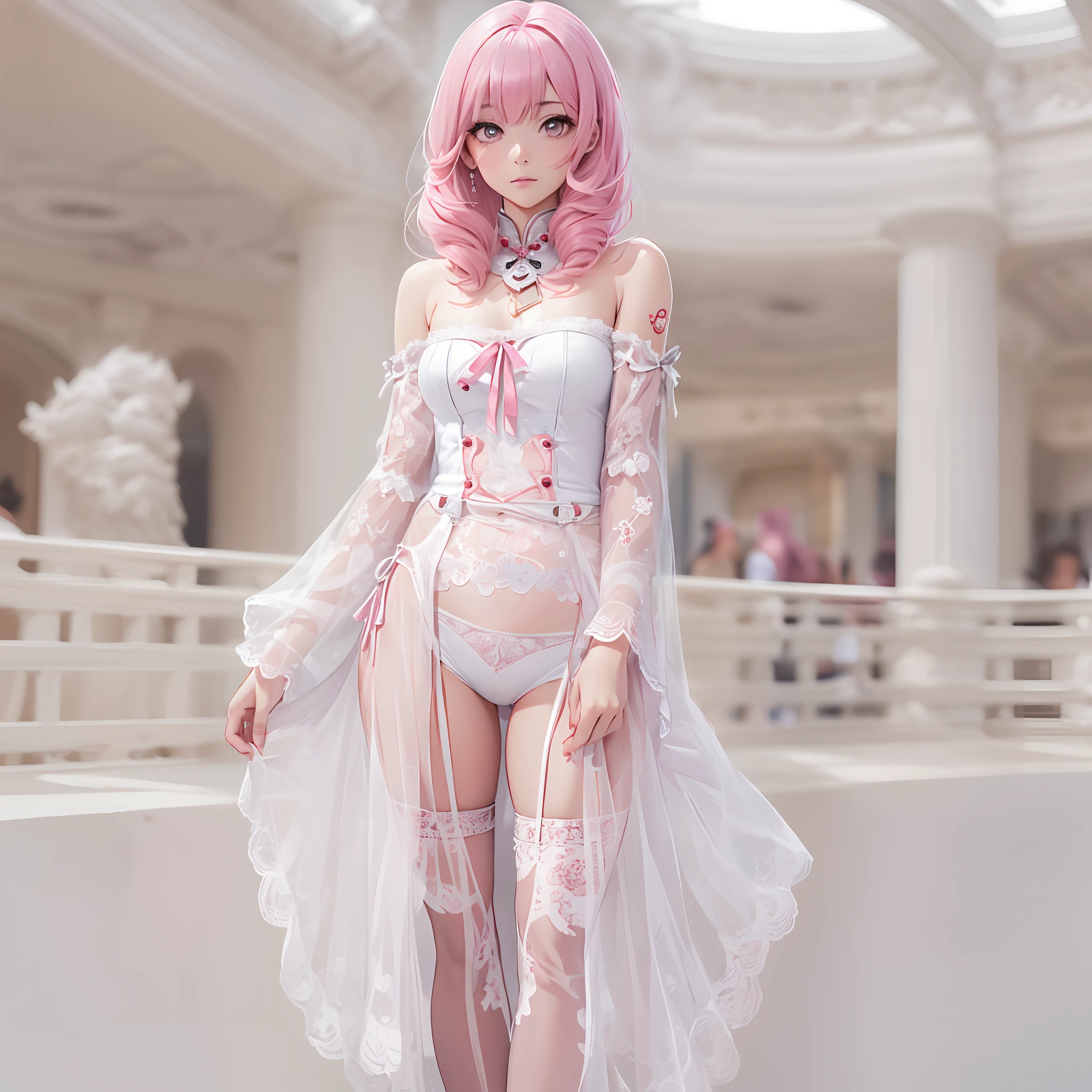 (tmasterpiece, top-quality, Ultra-detailed:1.3),1girll,(18 years old),(perfect anatomia),Cool outfit,Chinese style,A pink-haired,White background,ogle,photography of,Look to the lens,Bandeau,lacepantyhose,perfectly proportions