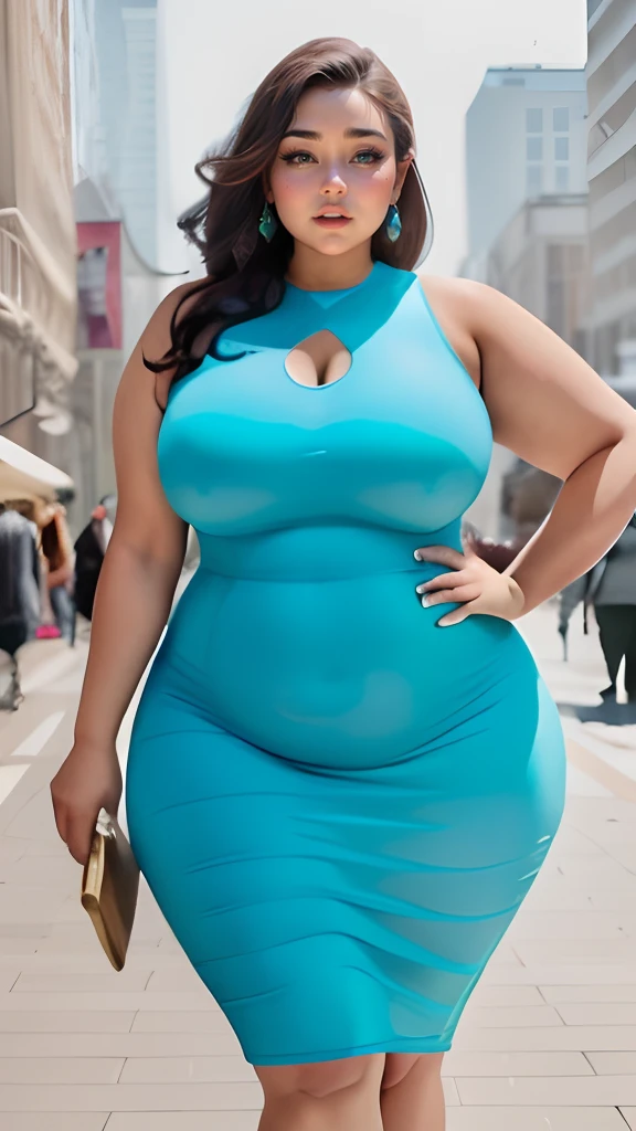Woman in blue dress walking down the street, plus size woman, curvy hourglass figure, Curvaceous, Plus Size, she has a jiggly fat round belly, widest hips, curvy figure, Fat Woman, beautiful thick female, an hourglass figure, Chic, thick body, Plus Size, full figured mother earth