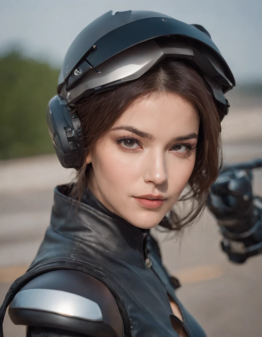 Beautiful woman medium hair, wearing cap, cyberpunk style short clothesBeautiful woman medium hair, wearing cap, cyberpunk style short clothes,Highly cohesive 1girl,He has a delicate and beautiful face,Dressed in black mech,There are tattoos on the arms,wearing a mech helmet,Hold the direction controller,Ride on a KTM motorcycle,The background is the high-tech lighting field of the future city