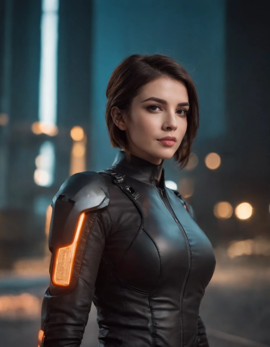 Beautiful woman medium hair, wearing cap, cyberpunk style short clothesBeautiful woman medium hair, wearing cap, cyberpunk style short clothes,Highly cohesive 1girl,He has a delicate and beautiful face,Dressed in black mech,There are tattoos on the arms,wearing a mech helmet,Hold the direction controller,Ride on a KTM motorcycle,The background is the high-tech lighting field of the future city