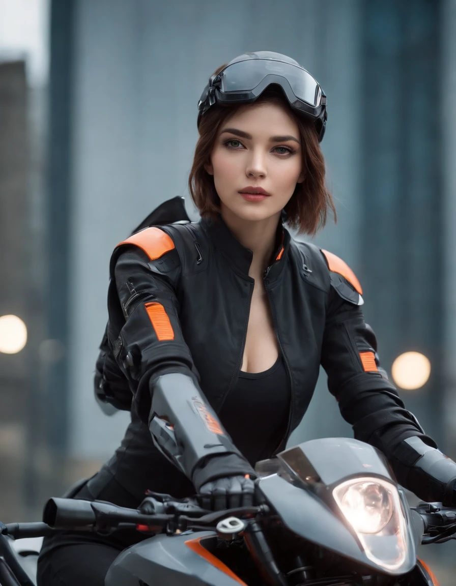 Beautiful woman medium hair, wearing cap, cyberpunk style short clothesBeautiful woman medium hair, wearing cap, cyberpunk style short clothes,Highly cohesive 1girl，He has a delicate and beautiful face，Dressed in black mech，There are tattoos on the arms，wearing a mech helmet，Hold the direction controller，Ride on a KTM motorcycle，The background is the high-tech lighting field of the future city