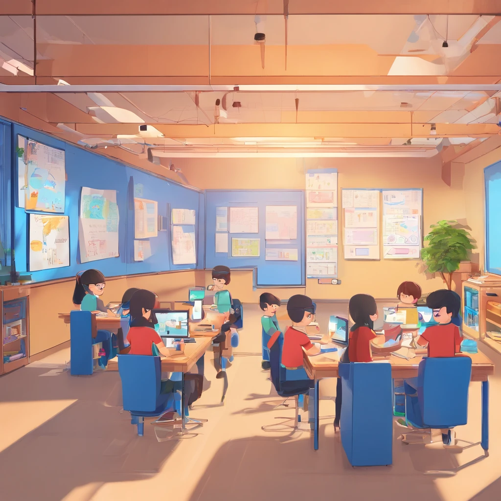 The picture shows students using virtual reality、ar glasses,There are students drawing cartoon characters,Teachers teach students to take pictures with cameras,There are also students who draw a picture with a brush,There are also students exploring the interior,Some students are also operating drones to take measurements,Tech Blue,Vertical illustration,Commercial