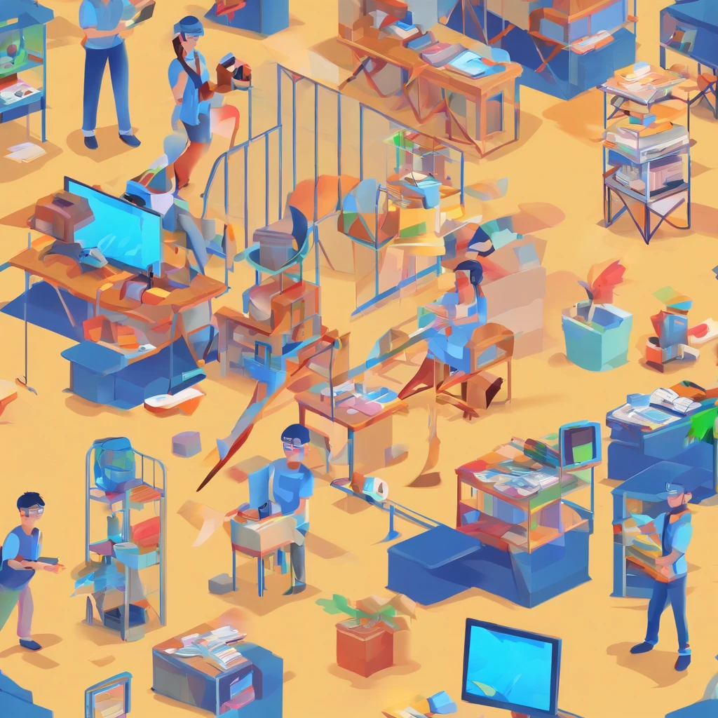 The picture shows students using virtual reality、ar glasses，There are students drawing cartoon characters，Teachers teach students to take pictures with cameras，There are also students who draw a picture with a brush，There are also students exploring the interior，Some students are also operating drones to take measurements，Tech Blue，Vertical illustration，Commercial