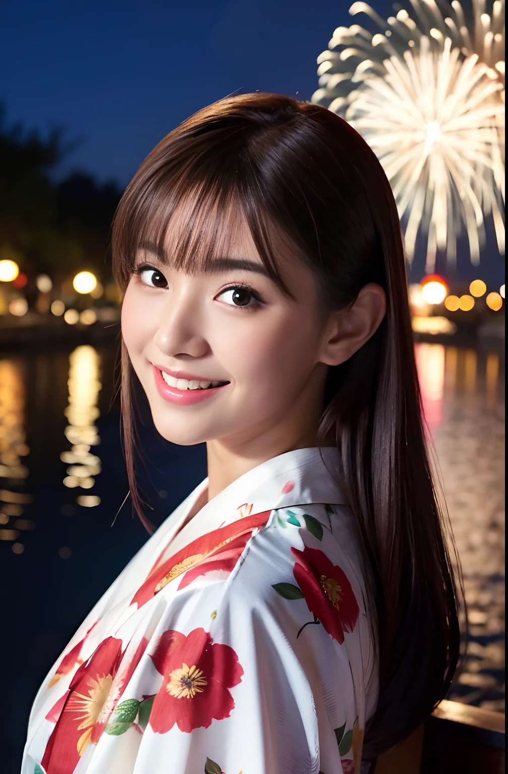 Beautiful Japan idol girl、A smile、Looking back wearing a floral yukata on white fabric、Fireworks in the sky on riverbank background at night、Cute round face,Brown and burgundy two-tone hair、Extreme close-up face、masterpiece,8th class,beautifull hands,Beautiful Finger,ultra-realistic full body photos,