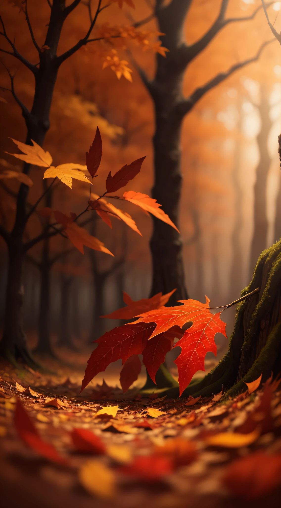 Fantasy autumn with brown fallen leaves, Cinematic, Highly detailed, HD
