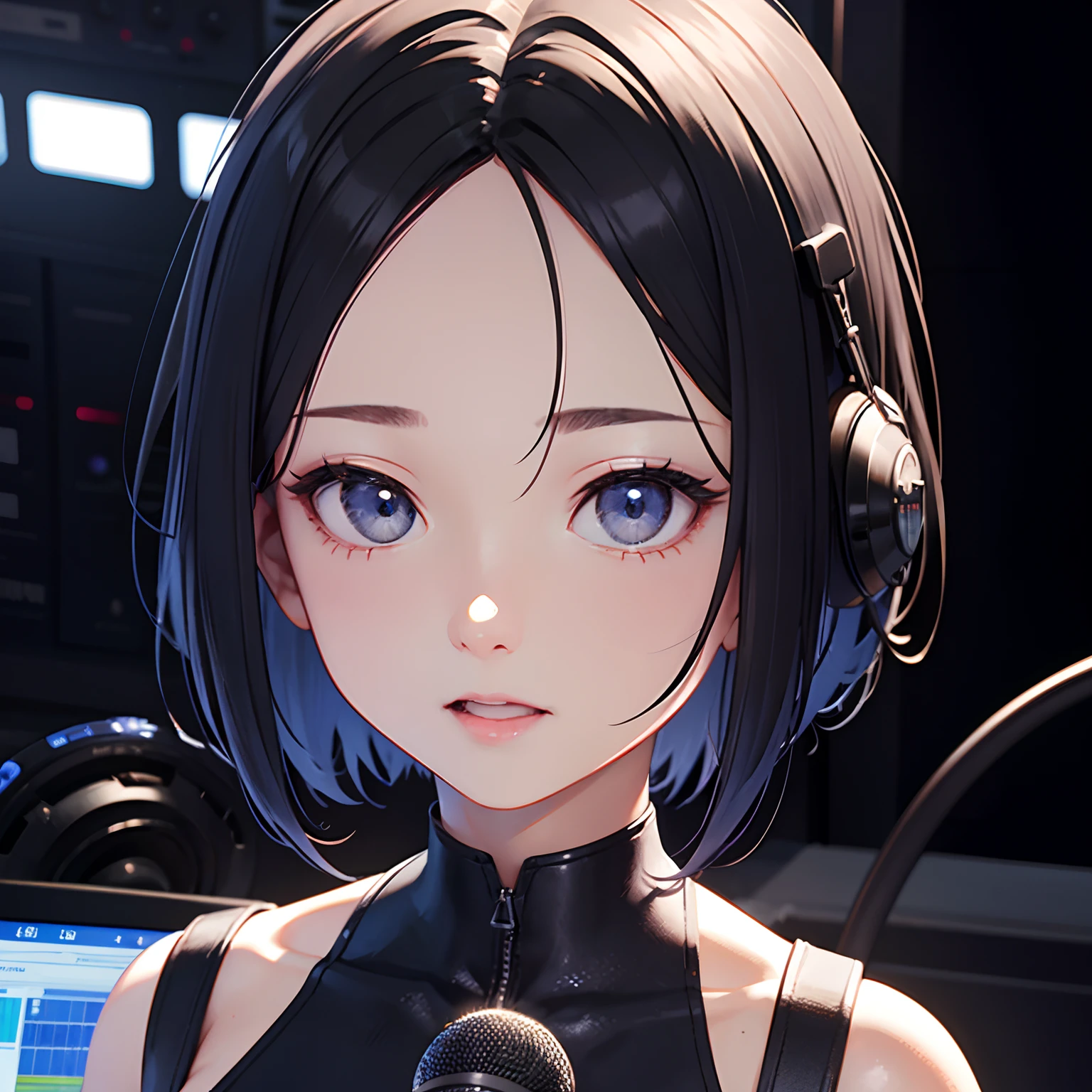 FM Radio Studio Stations, Blue-gray eyes、Straight hair、shorthair、Forehead、, Speak into the microphone, Realistic, Full-HD, 。.3D, 4K