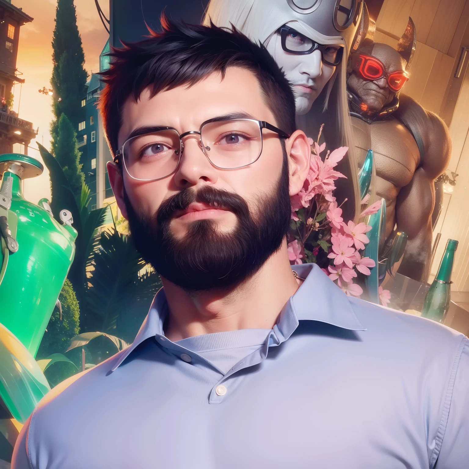 dobot change his face,make him muscular with long hair upto shoulders,change background to smokey grey,do not remove glasses