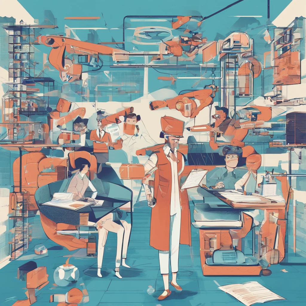 The picture shows students using virtual reality、ar glasses,There are students drawing cartoon characters,Teachers teach students to take pictures with cameras,There are also students who draw a picture with a brush,There are also students exploring the interior,Some students are also operating drones to take measurements,Tech Blue,Vertical illustration,Commercial