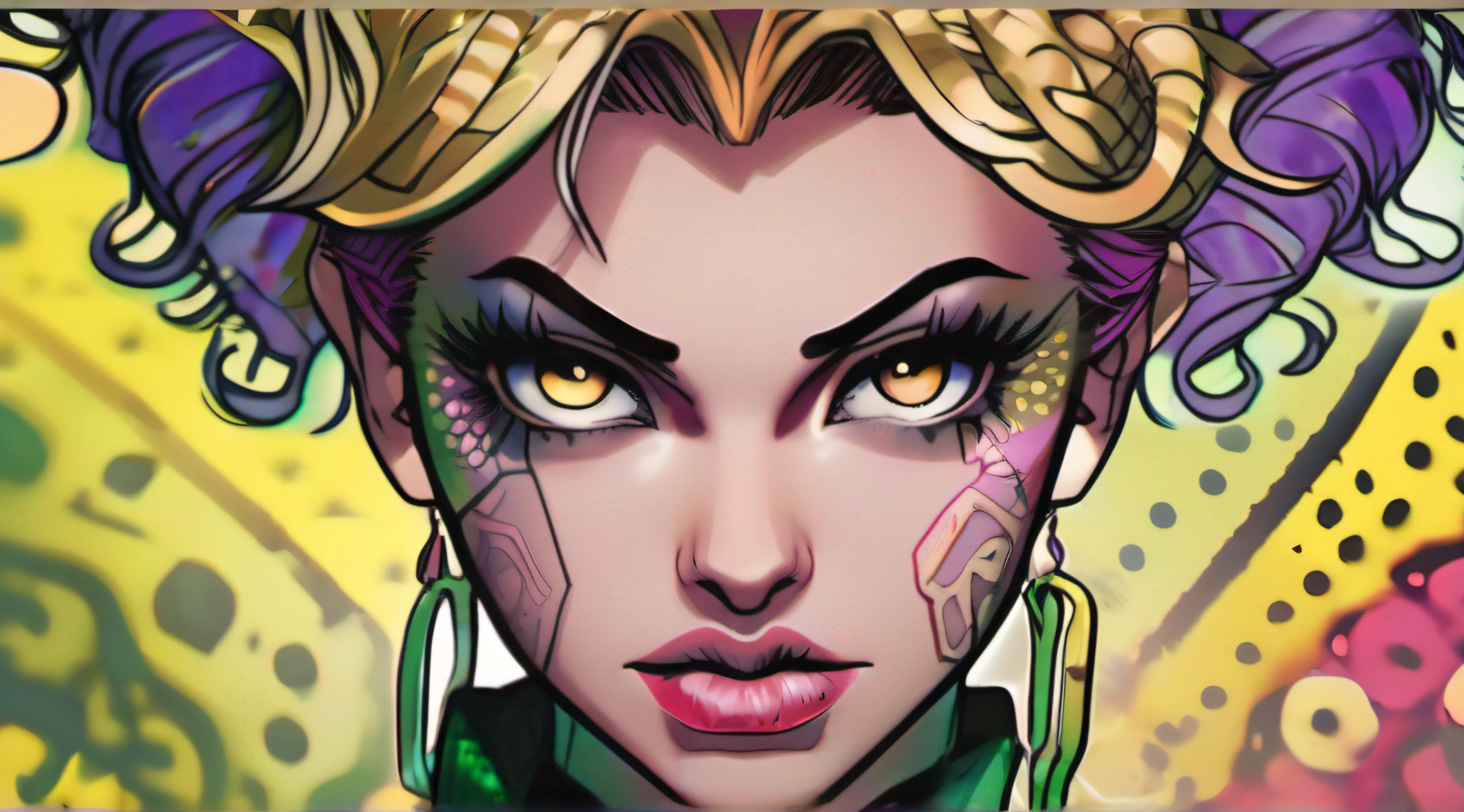 realistic Jolyne Cujo from Jojo's Bizarre Adventure, detailed face and expression, vibrant colors, high-resolution, professional quality, photorealistic rendering, intense lighting, dramatic shadows, dynamic pose, stylish outfit, iconic Jojo's style, Jojo's fanservice, detailed hair and eyes, intricate tattoo, bold and defined features, incredible attention to detail, realistic skin texture, dramatic and intense atmosphere, Jojo's artistry, visually striking composition, incredible attention to anatomy, jaw-dropping realism, immersive and captivating artwork, impressive lifelike portrayal, intricate costume design, dynamic and powerful stance.