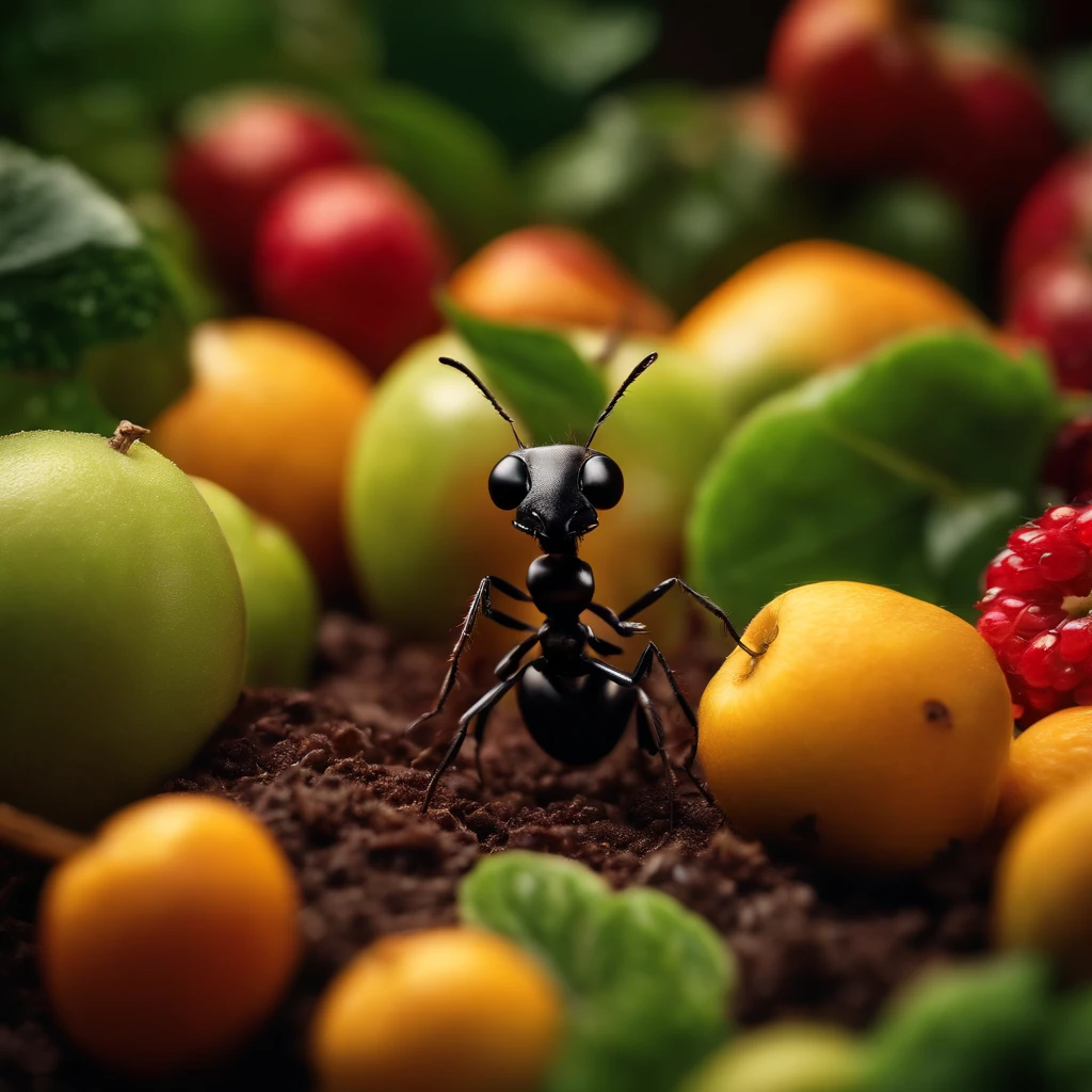 an ant is buried by a pile of fruits