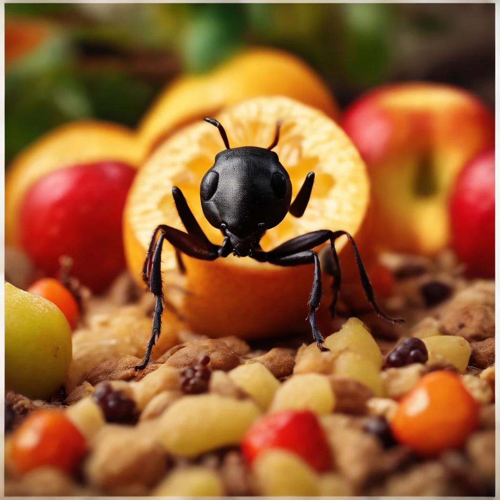 an ant is buried by a pile of fruits