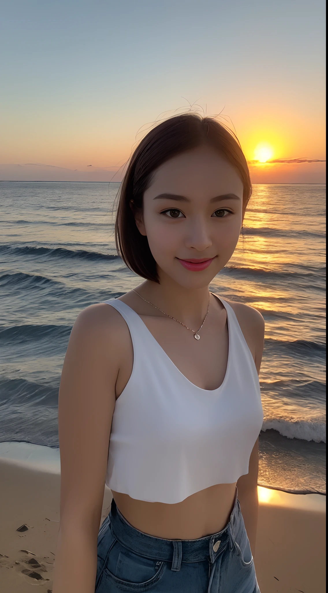 ((top-quality、​masterpiece:1.3))、foco nítido:1.2、(realisitic、Photorealsitic:1.37)、perfect beautiful female、Highly detailed facial and skin texture、Detailed eyes and double eyelids、with round face、Small Smile、short cut hair、Small bust、Small necklace、white cotton sleeveless、Shorts、full bodyesbian、Sunset over the sea、Beach at sunset、Summer sunset clouds、