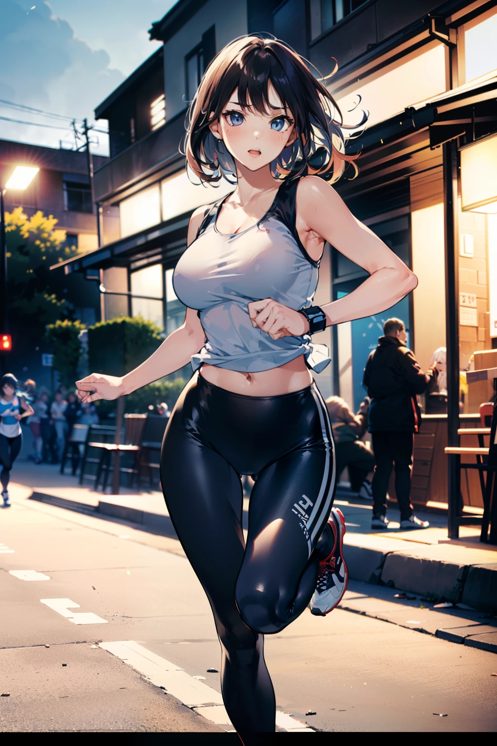 1 girl, (matured woman running field fast:1.3, lifting up right leg, trekking:1.2), wearing white sports leggings and sports tank tops, (fine detailed eyes, super detailed face), (ultra high resolution, 8K RAW photo, super realistics, textile shading), outdoor, ((correct anatomy:1.37)), center image, front view, dynamic angle, blurry background, bokeh,