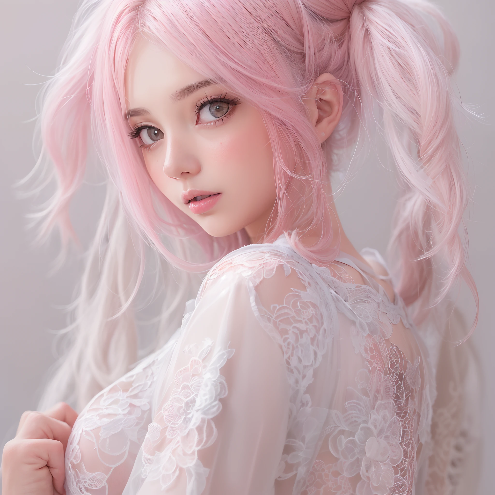 (tmasterpiece, top-quality, Ultra-detailed:1.3),1girll,(18 years old),(perfect anatomia)，CharacterDesignSheet，art，Chinese style，A pink-haired，White background，ogle，photography of，Look to the lens，Bandeau，lacepantyhose，perfectly proportions