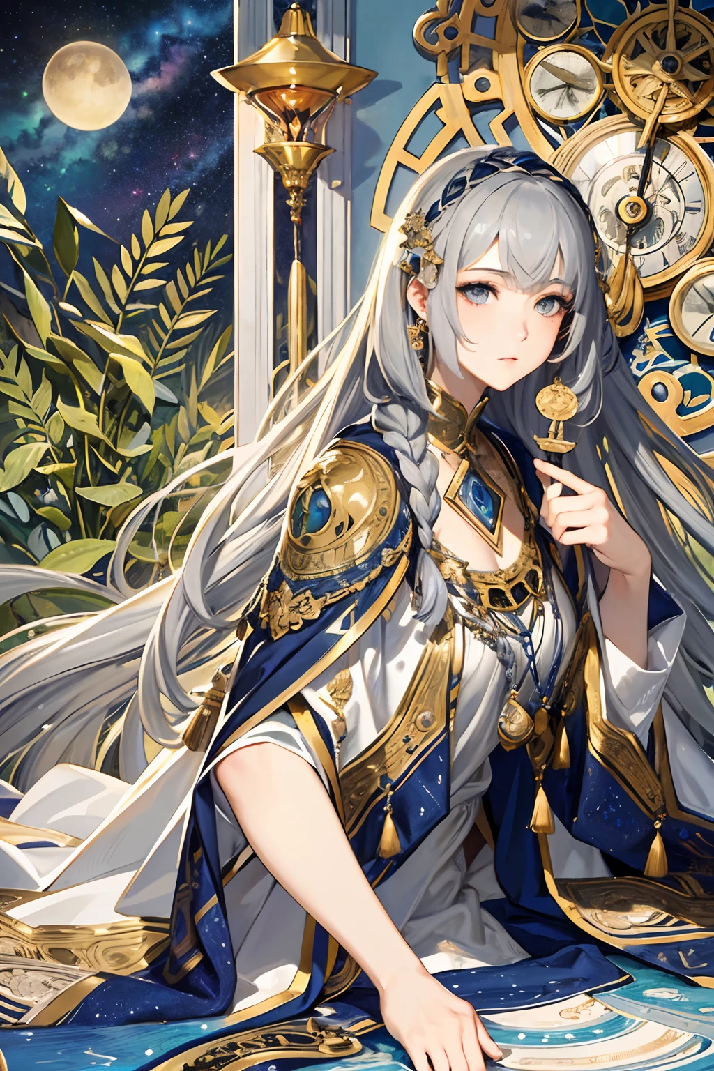 masterpiece、top-quality、hight resolution、High-quality images、8K、Metallic Color、grayscales、skin gloss、Texture of skin and clothing、the detail、portlate、Detailed eye expression、Lustrous hair、poneyTail、Braided hair、full body Esbian、Three big clocks、Milky way、by mucha、