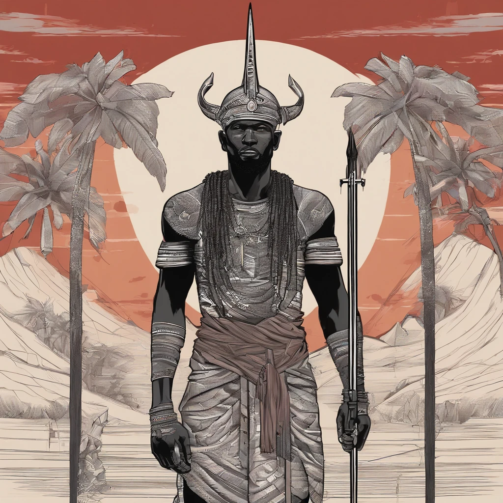 pintura de um homem com uma roupa vermelha segurando um grande machado, Mitologia Africanoa, afrocentric mysticism, Homem Africanoo, guerreiro poderoso, Guerreiro Maasai, Feiticeiros Cyberpunk Africanos, Deus masculino bonito da morte, homem guerreiro, imagem de um guerreiro masculino adulto, Artes Africanas, guerreiro antigo, Africano, Pano Distante, guerreiro masculino, guerreiro humano, kemetic, tribo antiga,a phallic shaped stick, tradicionalmente feito de madeira