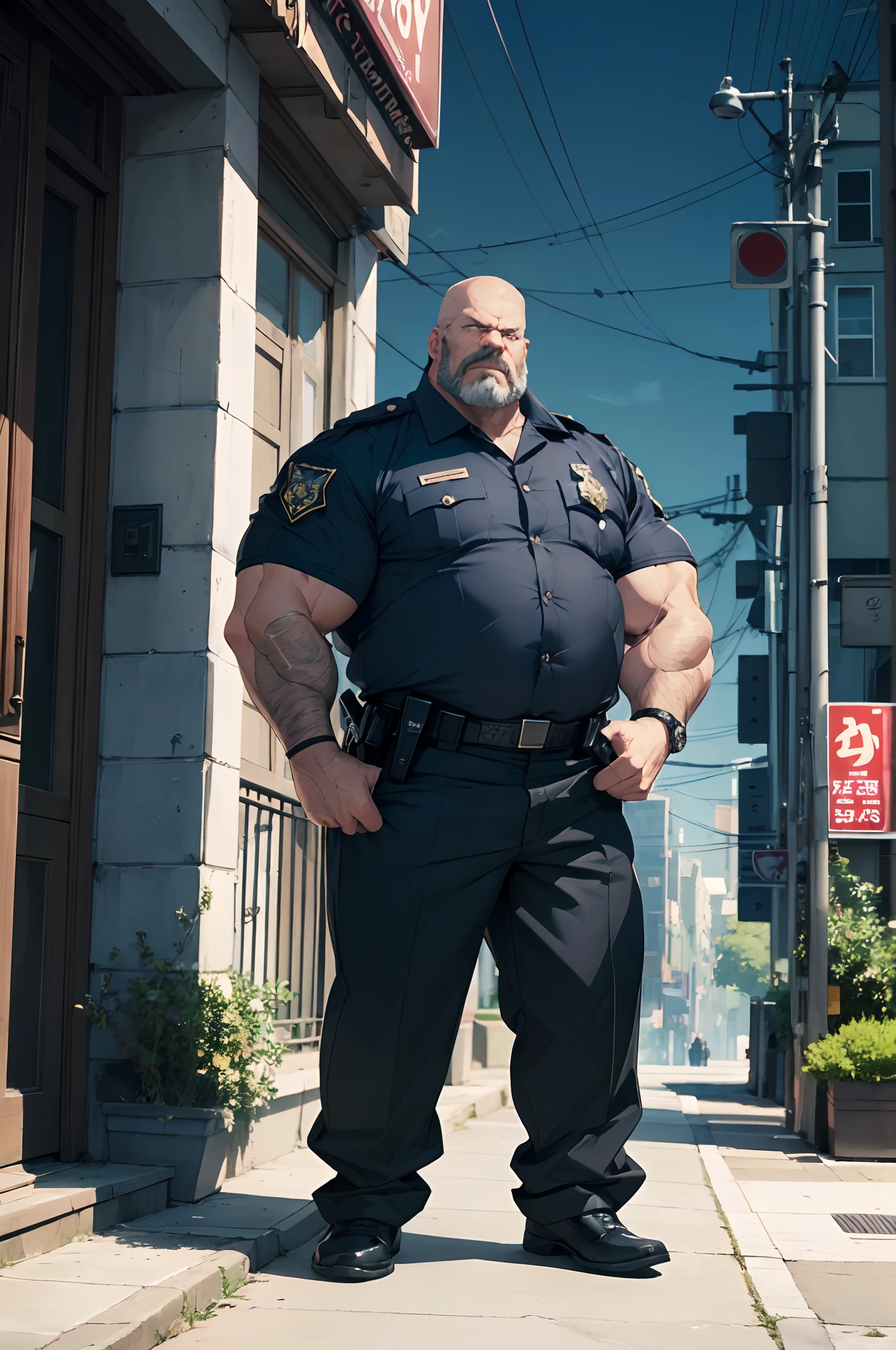 A huge muscular old man, muscular arms, muscular legs, tall and imposing stature, wearing a police uniform, with a stern and intimidating expression on his face. Detailed facial features, including a strong jawline, thick eyebrows, and a clean-shaven head. The police uniform is crisp and well-fitted, with a metal badge and shiny buttons. The scene is set in a bustling city street, with the old man standing tall and commanding respect. The lighting is dramatic, casting bold shadows and highlighting the contours of his muscles. The color tone is dark and moody, enhancing the serious and authoritative atmosphere. The image quality is of the best quality, with high resolution and ultra-detailed features. The overall style is realistic and professional, capturing the essence of a strong and dedicated police officer.