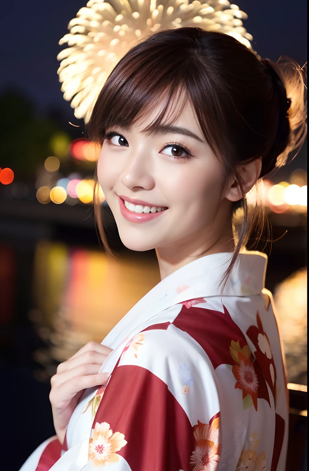 Beautiful Japan idol girl、A smile、Looking back wearing a floral yukata on white fabric、Fireworks in the sky on riverbank background at night、Cute round face,Brown and burgundy two-tone hair、Extreme close-up face、​masterpiece,8th class,beautifull hands,Beautiful Finger,ultra-realistic full body photos,