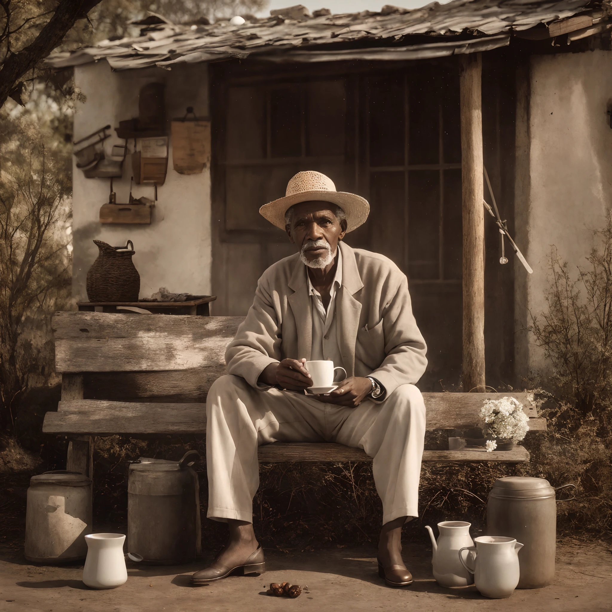 There's a man sitting on a bench with a cup of coffee, Directed by: Matthias Weischer, Directed by: Etienne Delessert, Directed by: William Berra, Directed by: Daniel Gelon, Directed by: Edwin Georgi, old man, afternoon time, homem bonito, beautiful man, Retrato de um velho, Homem africano, por John Alexander, portrait of morning coffee, Directed by: Jan Kupecky