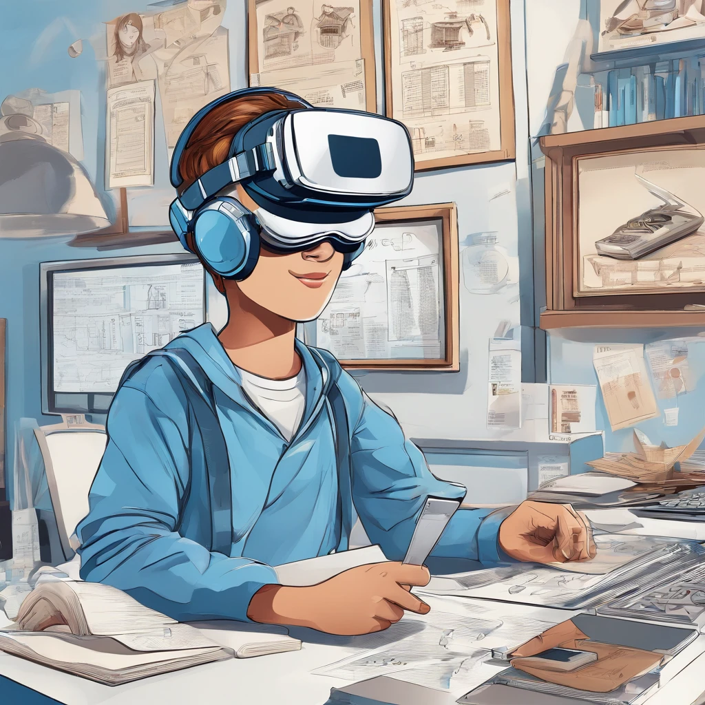 The picture shows students using virtual reality、ar glasses,There are students drawing cartoon characters,Teachers teach students to take pictures with cameras,There are also students who draw a picture with a brush,There are also students exploring the interior,Some students are also operating drones to take measurements,Tech Blue,Vertical illustration,Commercial