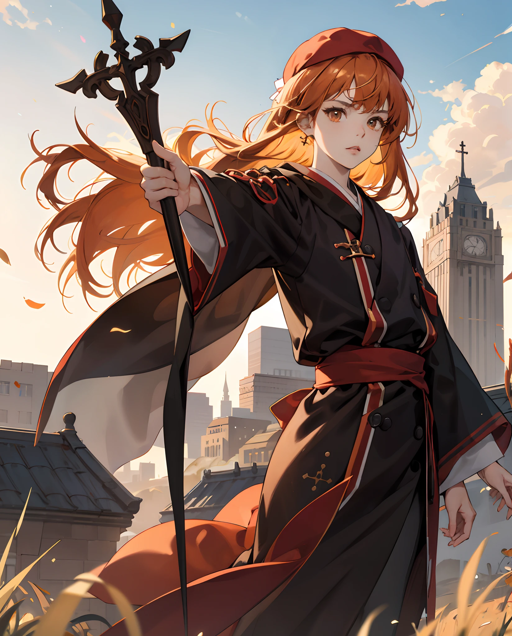 20 year old woman. Ginger hair. Orange hair. Straight bangs. Anime style. Brown eyes. Bishop robes. Staff in hand. Determined expression. Small cap on head. Action pose. Capital city in background.
