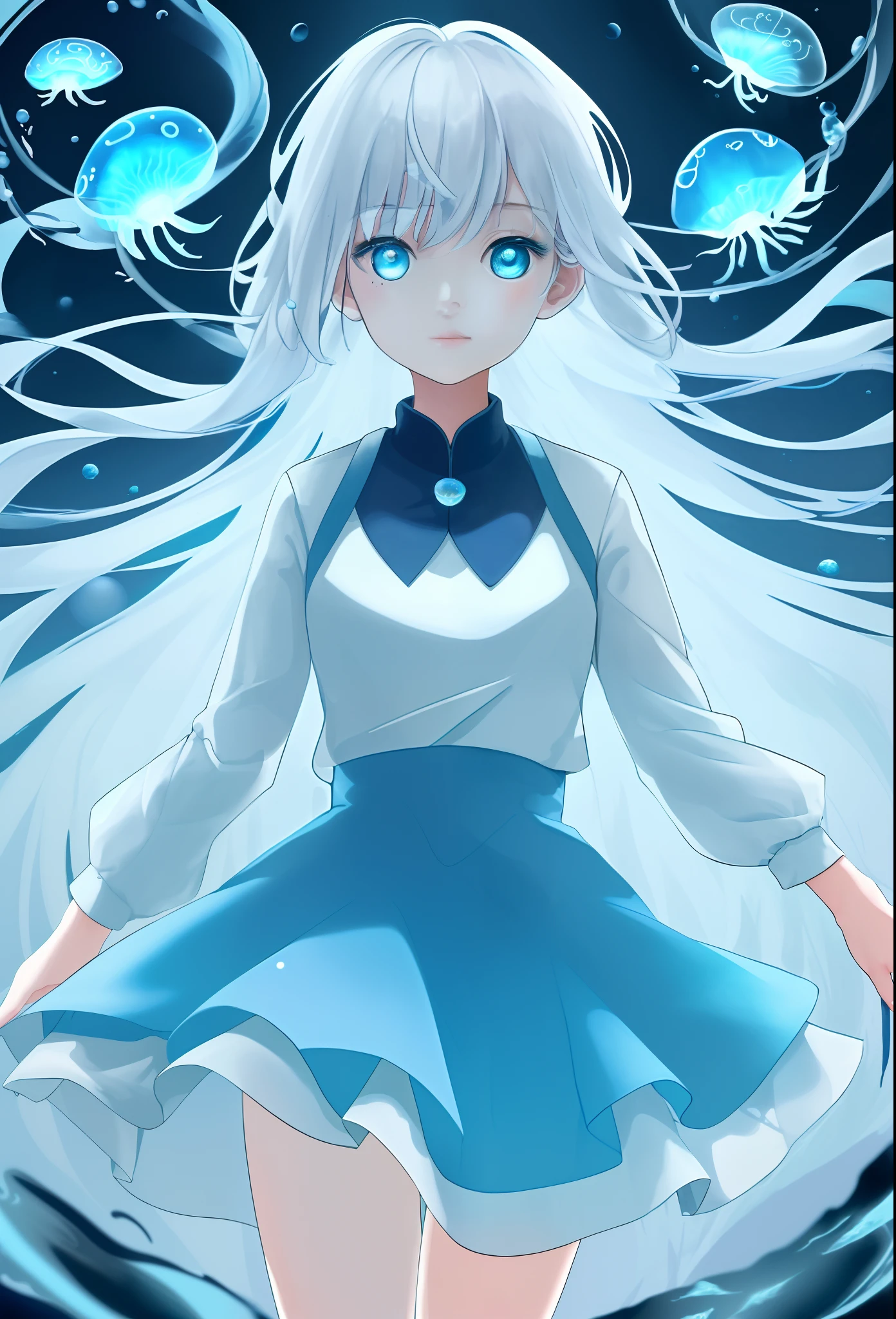 ((masterpiece,best quality)),(negative space:1.2),(1girl, solo:1.4),美丽细致的眼睛，Flowing blue-white hair，under the water，Buble，The fish，（jelly fish），fluorescence，Turtlen，sea weed，