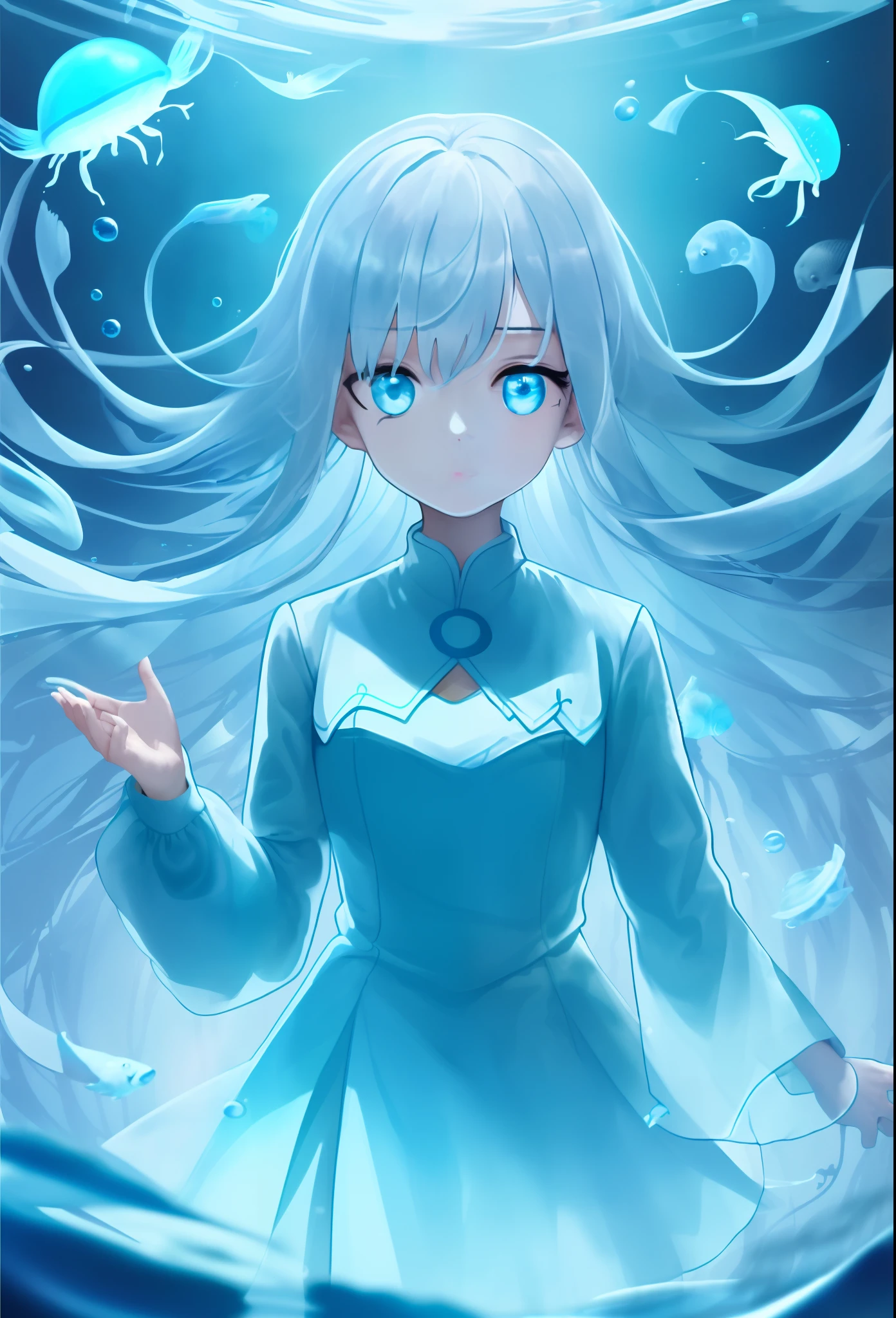 ((masterpiece,best quality)),(negative space:1.2),(1girl, solo:1.4),美丽细致的眼睛,Flowing blue-white hair,under the water,Buble,The fish,(jelly fish),fluorescence,Turtlen,sea weed,