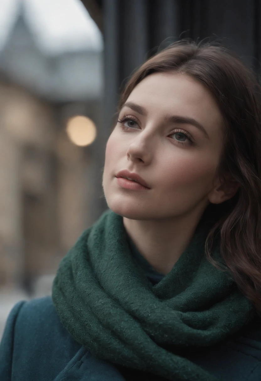 a person with scarf and coat in the image, in the style of brutalist, ferrania p30, uniformly staged images, light indigo and dark green, salon kei, minolta riva mini, mix of masculine and feminine elements,upper body