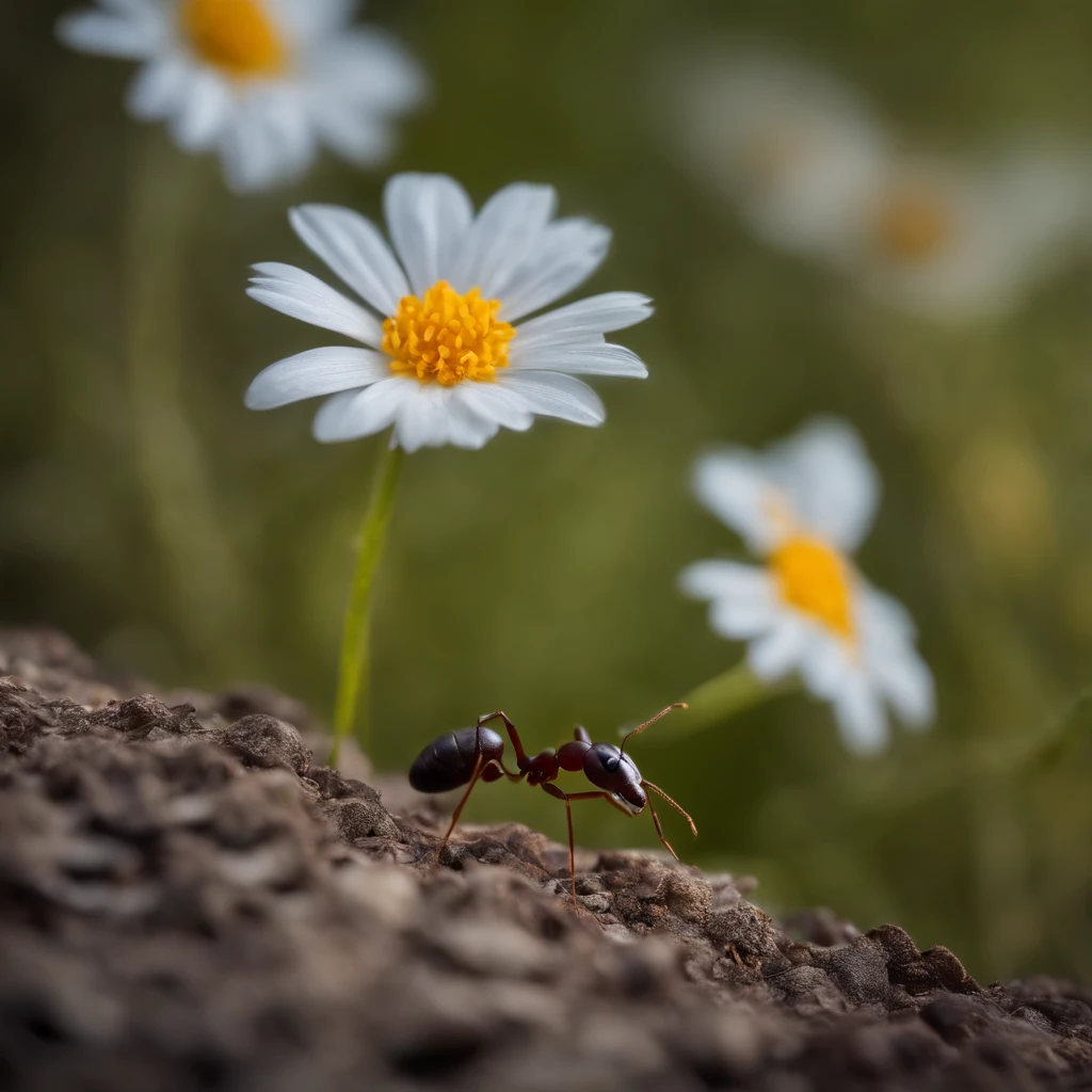 an ant stands on a hill with a beautiful flower