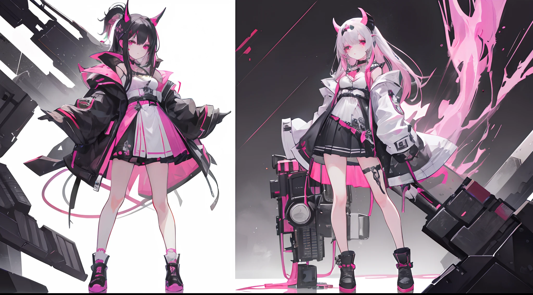 Masterpiece: 1.6, best quality: 1.4, live image: 1.2, intricate details: 1.2, graphicsournerv2: 1.2, A pair of demon horns on the head, 1 girl, pink with overflow into black hair, multi-colored hair, split hair coloring, Fashionable clothes small breasts, Skinny Legs, cyberpunk clothes, The boots are massive, The background is pure white (single background, white background: 1.3), multiple views, multiple views of the same character with the same outfit: 1.3.